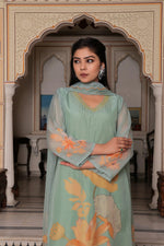 Vaasva Women Teal Green Tabby Slik Print & Embroidered Kurta, Pant & Dupatta set