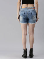 Women's Blue Solid Denim Shorts-LT-7404-Blue