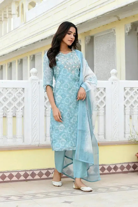 Vaasva Women Blue Tissue Linen Embroidered Solid Kurta Set With Solid Pants & Printed Dupatta-143-Vaas-Blue