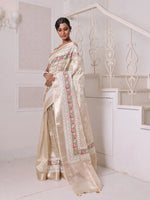 All Over Thread Embroidery Beige Tissue Saree With Zari Borders-MA64TIS461600006