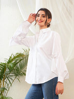 Women White Poplin Lantern Sleeves Shirt