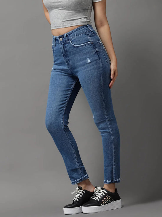 Women's Blue Solid Slim Fit Denim Jeans-GZ-5178-Blue