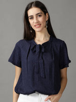 Women's Navy Blue Printed Blouson Top-ON-352-Navyblue