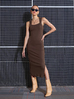 Women Brown Rib Side Slit Bodycon Midi Dress