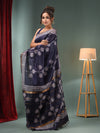 Navy Blue Blended Silk Handwoven Saree With Flower Designs-MA50BSL34710014