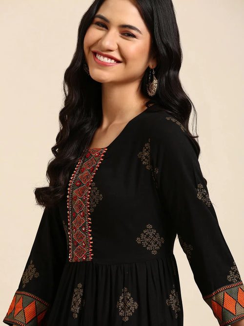 Women's Black Printed Anarkali Kurta-GW-2965-Black