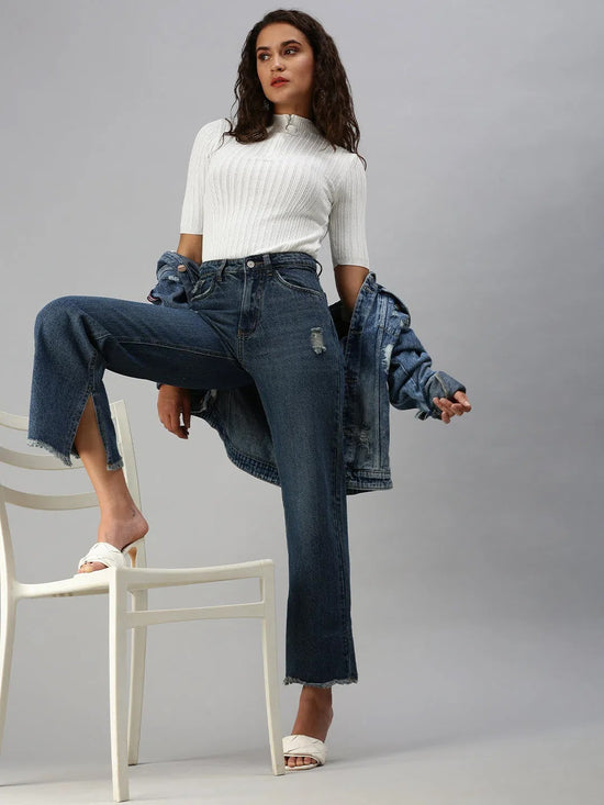 Women's Blue Solid Wide Leg Denim Jeans-GZ-5073C-Blue