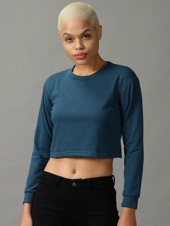 Women's Blue Solid Boxy Crop Top-AE-10536-Teal