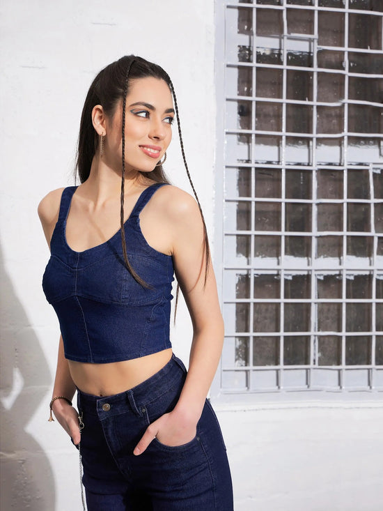 Women Navy Strappy Bustier Crop Top