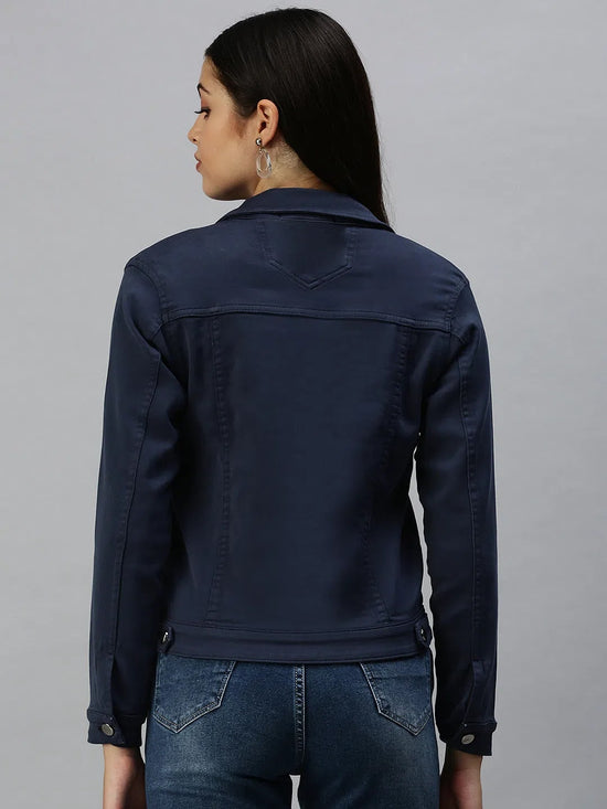 Women's Blue Solid Denim Jacket Jackets-LT-JKT19428-Navyblue