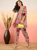 Anti Fit Kaftan Top with Pants in Red and Cream Ikkat Print