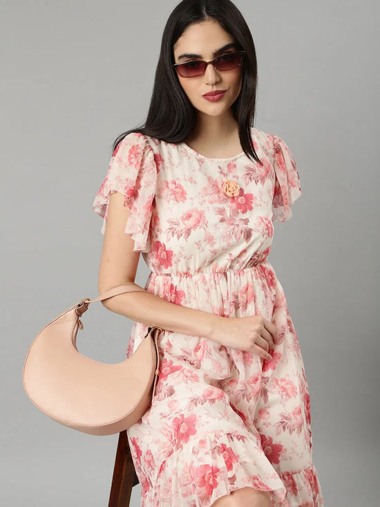 Women Off White Floral Fit and Flare Dress-DW-3473-Offwhite