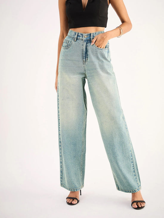 Women Blue Whisker Faded Wide Leg Jeans