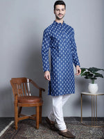 Men Navy and White Floral Printed Kurta with Churidar-JOKP-650Navy