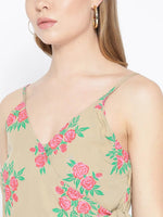 Overlap Rose Printed Dress with side tie up in Beige