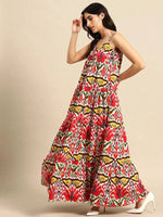 Tiered maxi Dress in Red and Cream Ikkat Print