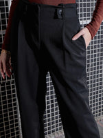 Women Black Front Button Paperback Waist Pants