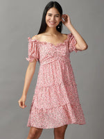 Women's Pink Floral Fit and Flare Dress-HQ-6-Pink