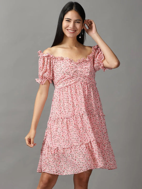 Women's Pink Floral Fit and Flare Dress-HQ-6-Pink