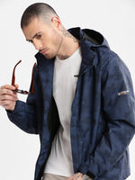 Men Hooded Navy Blue Geometric Tailored Oversized Jacket comes with Detachable Hoodie-2627-Navyblue