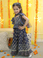 BownBee Girls Pure Cotton Printed Ruffle Top Lehenga with Dupatta- Blue