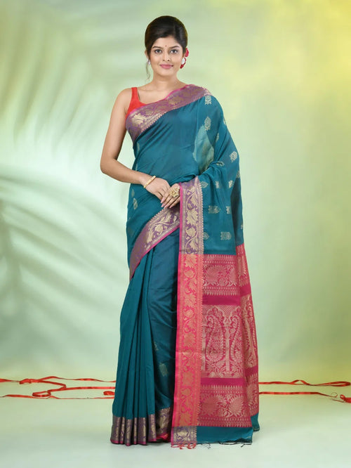 Teal Cotton Saree With Nakshi Zari Borders-MA66BCT431050026