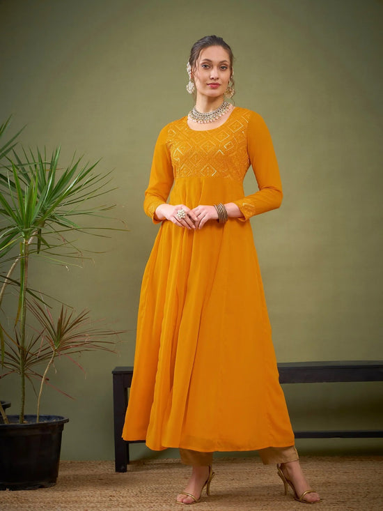 Women Mustard Embroidered Anarkali Maxi Kurta