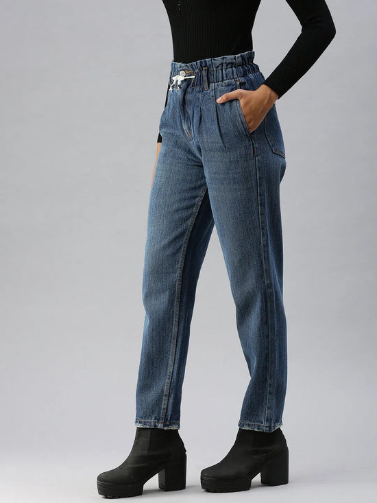 Women's Blue Solid Mom Fit Denim Jeans-GZ-5023BB-Blue