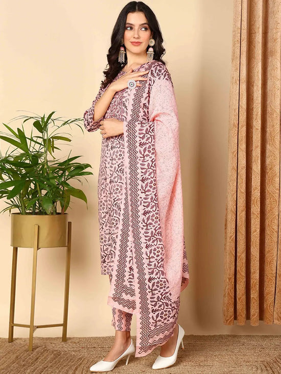 Ahika Women Pink Silk Blend Printed Straight Kurta Pant Set