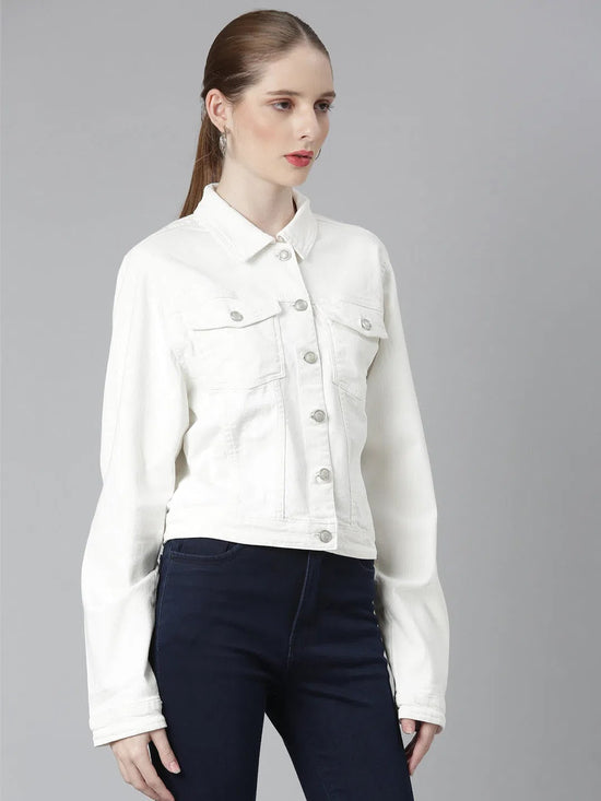 Women White Solid Denim Jacket-IM-10714-White