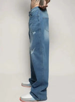 Men Smart Wide Leg Mildly Distressed Light Fade Stretchable Jeans