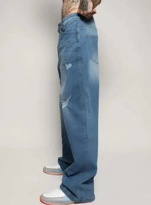 Men Smart Wide Leg Mildly Distressed Light Fade Stretchable Jeans