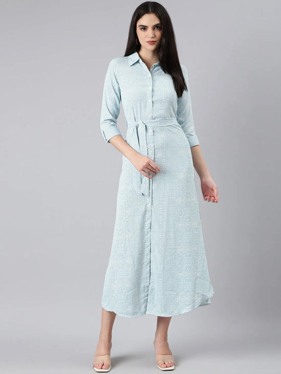 Women White Geometrical Shirt Dress-AE-15993-Whiteblue