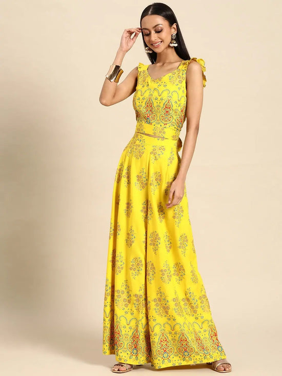 Crop Top with pleated palazzo in Yellow Print