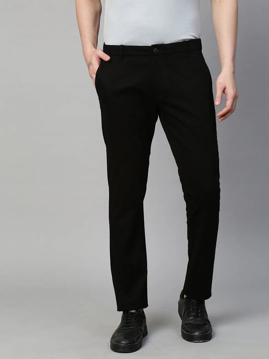 Genips Men's Cotton Stretch Caribbean Slim Fit Solid Black Colour Trousers