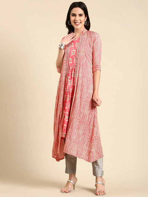 Women's Coral Printed Anarkali Kurta-SNG-2270-Coral