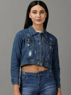 Women's Navy Blue Solid Denim Jacket-AE-0150-Navyblue