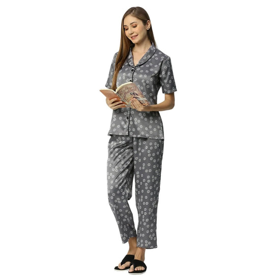 Smarty Pants Women's Silk Satin Grey Color Floral Print Night Suit