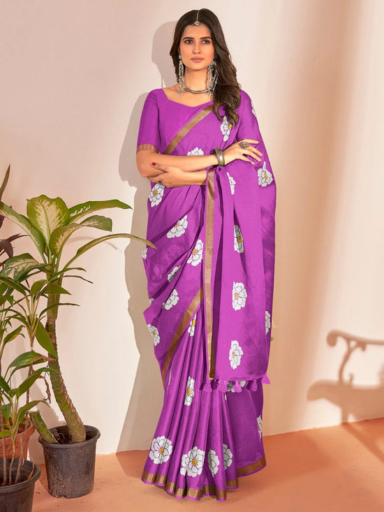 Saree Mall Women's Cotton Slub Magenta Printed Designer Saree With Blouse Piece-NAVYA120