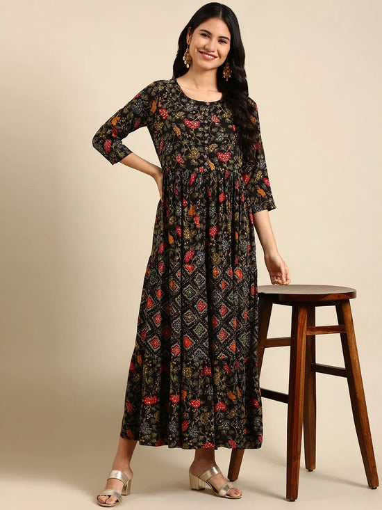 Women's Black Printed Anarkali Kurta-GW-2963-Black