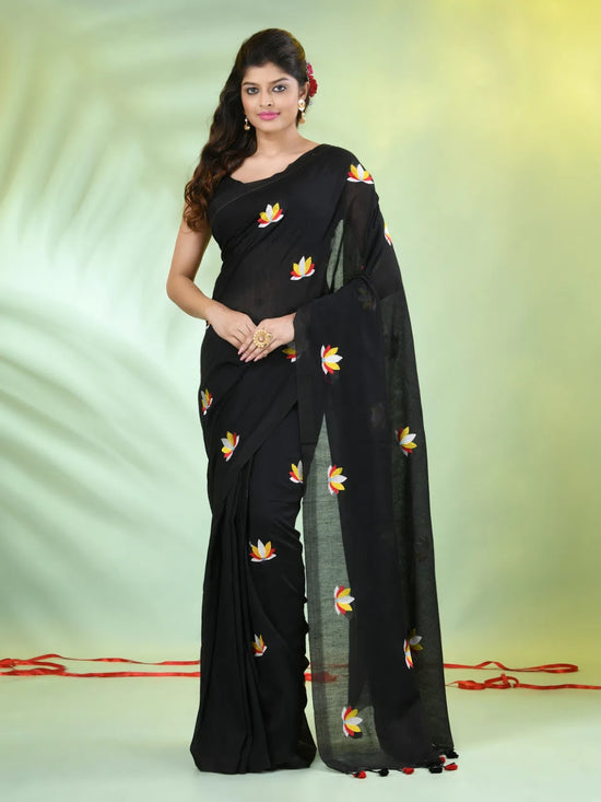 All Over Thread Embroidery Black Cotton Handspun Saree-MA62CH33660050