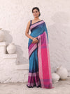 Teal Blue Pure Cotton Ikkat Saree With Texture Border-MA54CT33500066