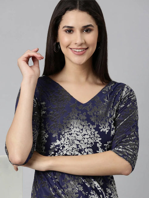 Women Navy Blue Printed Gown Dress-SP-6152-Navyblue