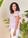 Women Pink Floral Sweetheart Neck Flared Sleeve Top