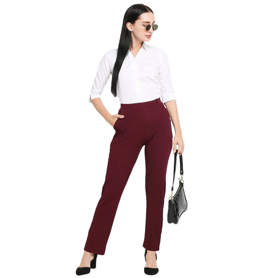 Smarty Pants Women's Cotton Lycra Straight Leg Wine Color Formal Trouser