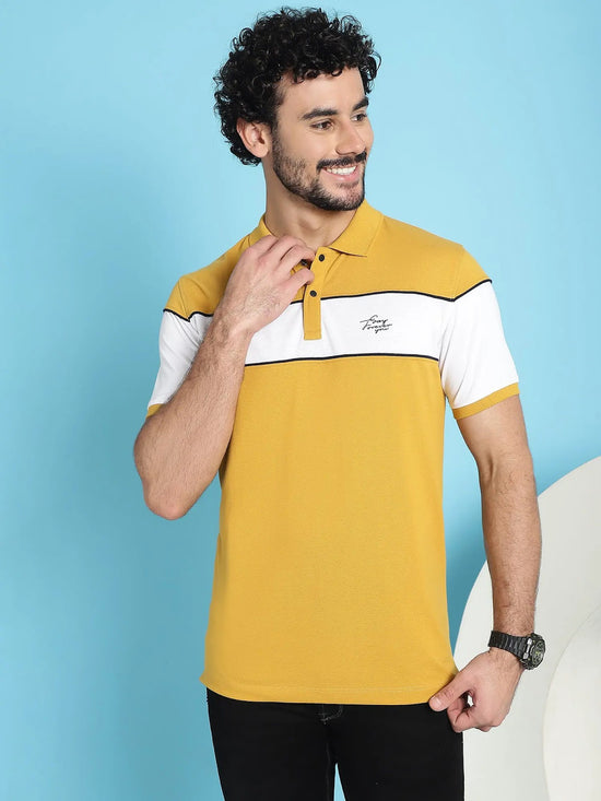 Venitian Men Printed Polo Neck Cut And Sew Cotton Mustard T-Shirt