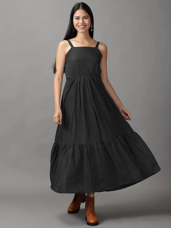 Women's Black Polka Dots Fit and Flare Dress-AE-15663-Black