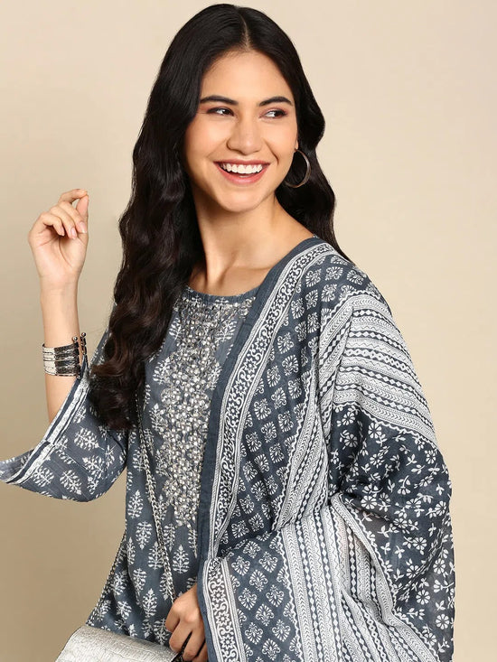 Women's Grey Printed Kurta Set-BCSK-1460-Grey