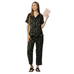 Smarty Pants Women's Silk Satin Black Color Star Print Night Suit-SMNSP-912-S