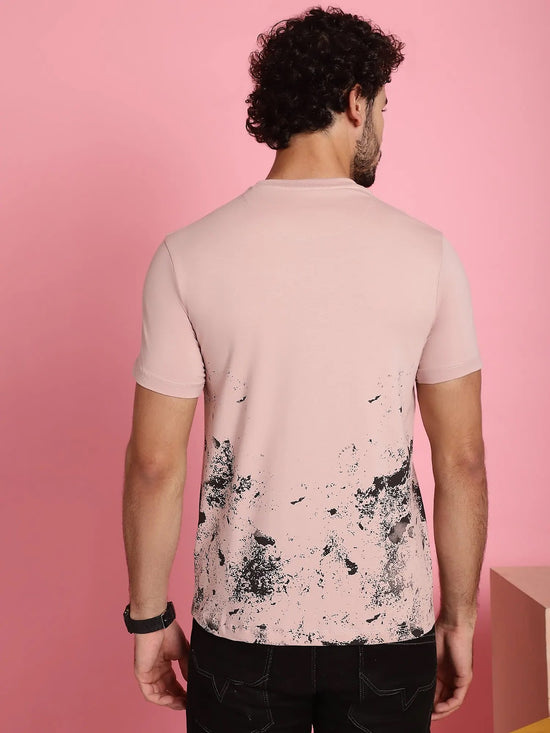 Venitian Men Printed Round Neck Pink Cotton Lycra T-Shirt